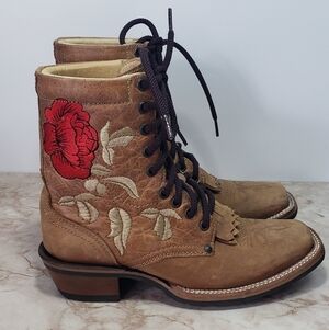 Tombstone Embroidered Tan Leather Squear Toe Ankle Boots With Laces Size 6.5